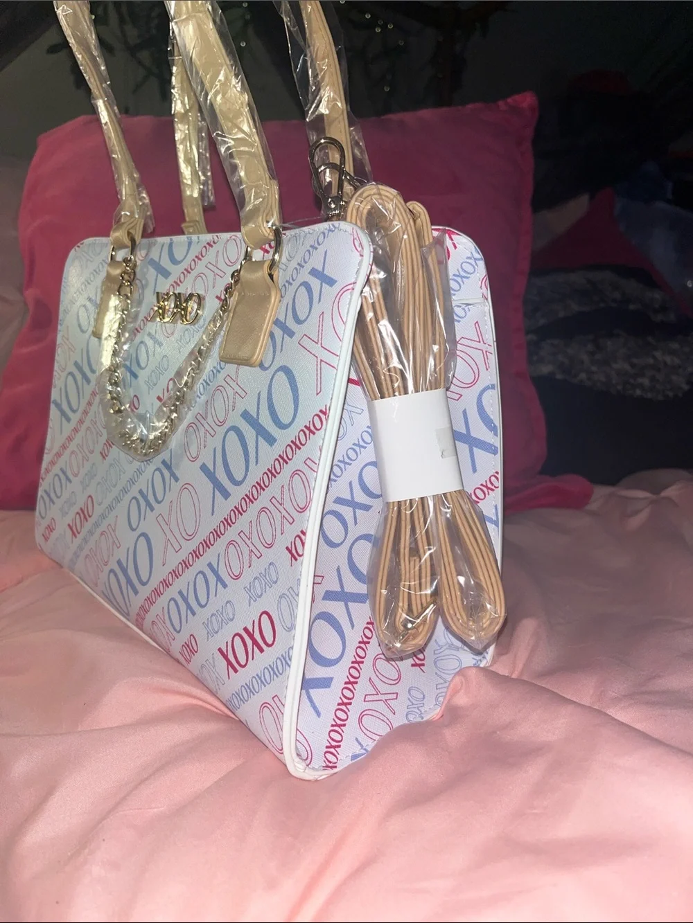 XOXO White Satchel with Red & Blue Logo Print and Tan Handles